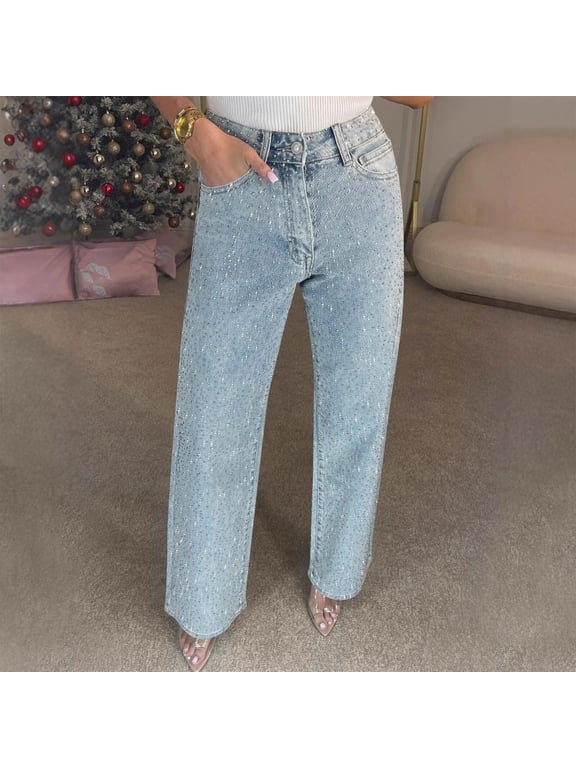 Women's Rhinestone Decorated Solid Denim Jeans Full Length, Sparkle Casual Pants for Women