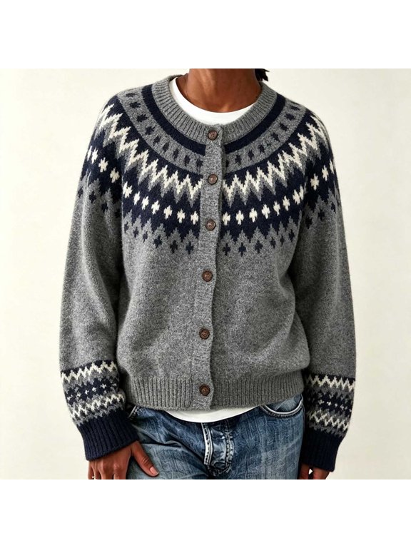 Women's Sweater Crew Neck Long Sleeve Button-Front Knit Cardigan Hip Relaxed Fair Isle Chevron