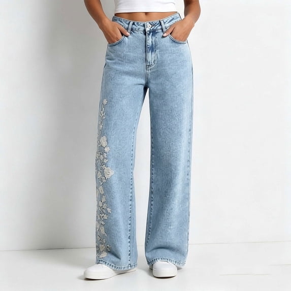 Czstvyn Women's full length denim jeans embroidered - Casual Pants Everyday Wear