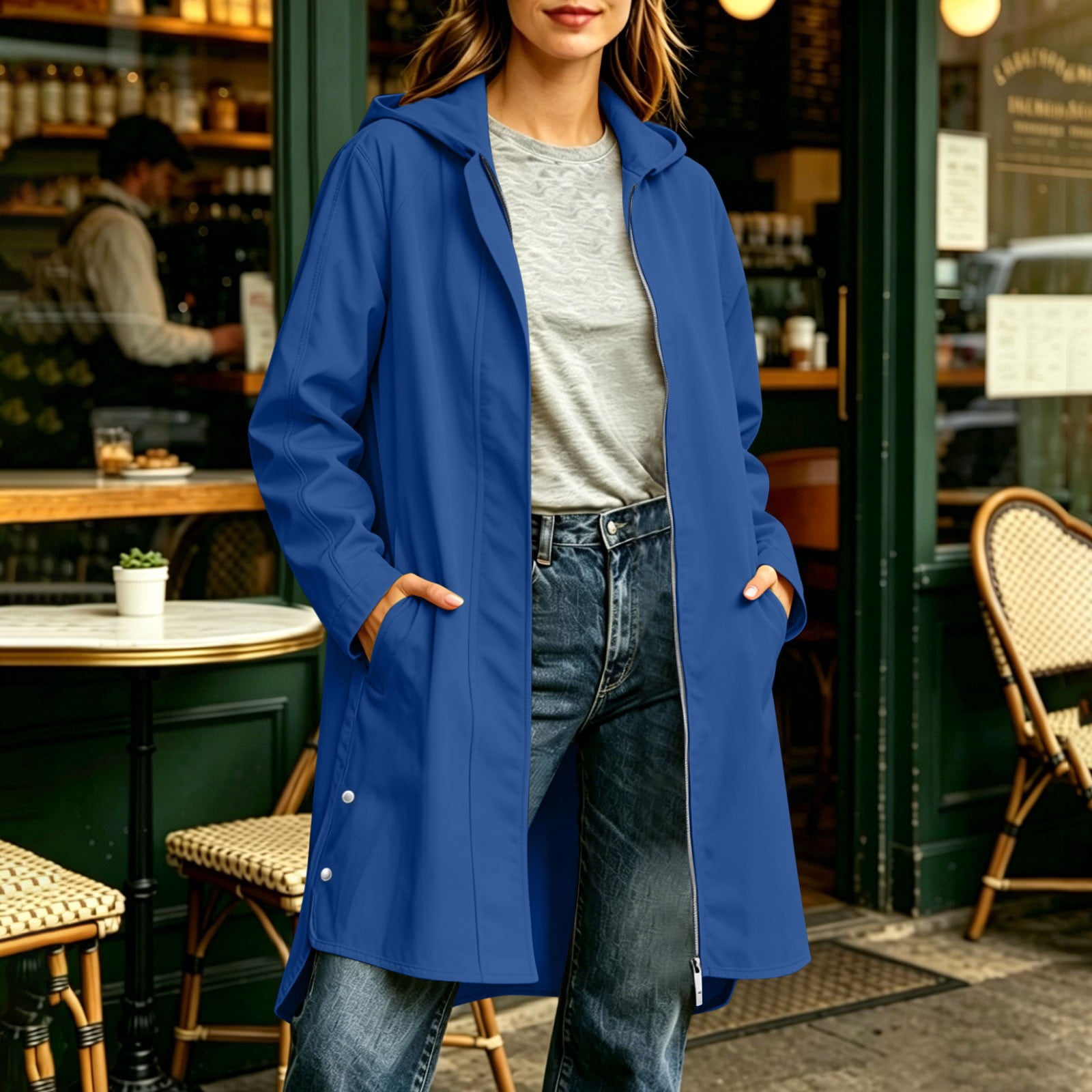 Czstvyn Womens Hood Jackets Side Pockets Snap Hem Full Zip Mid-Length ...