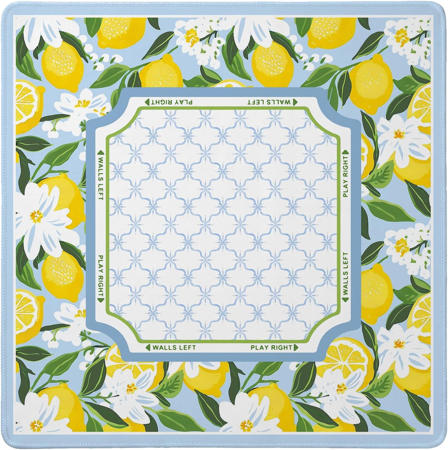 Cztulip Blue Lemon Floral Mahjong Mat,Summer Italian Lemon Anti-SlipNoise-Reducing Mahjong Mat,Cottagecore Botanical Garden Mahjong Mat for Table Board,Games Tile Game,Poker and Cards,31.5x31.5Inch