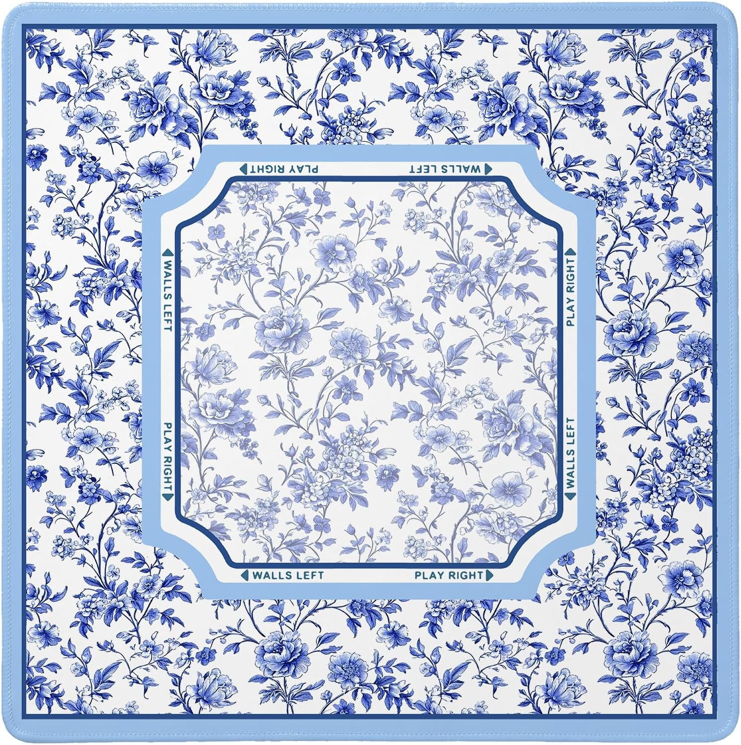 Cztulip Blue and White Chinoiserie Floral Mahjong Mat ,Vintage Cottagecore Botanical Flower Bird Anti Slip and Noise Reduction Mahjong Table Mat for American Mah Jong Poker Card Board Games 31.5x31.5