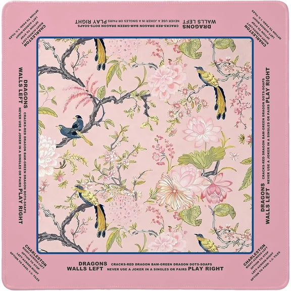 Cztulip Pink Bird Chinoiserie Floral Mahjong Mat, Vintage Cottagecore Botanical Flower Bird Anti Slip and Noise Reduction Mahjong Pad for Table Board,Games Tile Games,Poker and Cards,31.5x31.5Inch