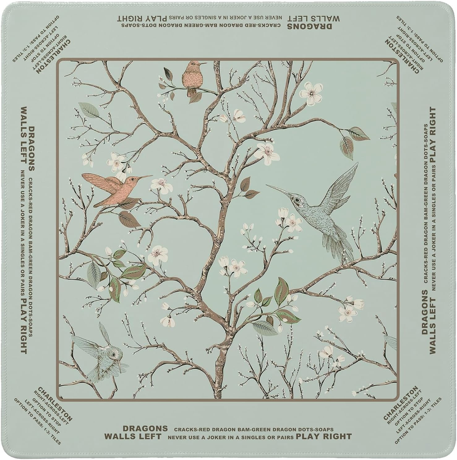Cztulip Sgae Green Bird Chinoiserie Floral Mahjong Mat,Vintage Botanical Flower Non-Slip Noise Reduction Mahjong Pad,Cottagecore Garden Table Cover American Mahjong Poker Card Board Game,31.5x31.5In