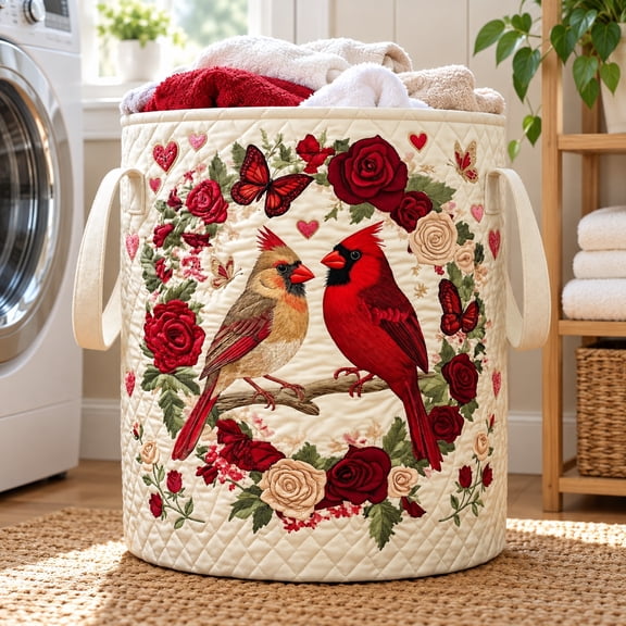 Czuelxn 18.11" Quilted Basket, Cardinal Pair Rose Butterfly Small Laundry Hamper, Fabric Storage Bin with Handles for Baby Room Dorm (S)