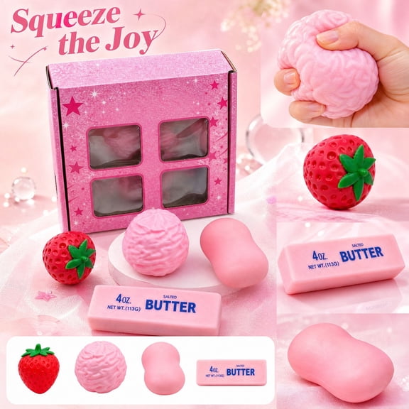 Czuelxn 4-Piece Pink Squishy Set, Strawberry Butter Brain Fidget Stress Balls, Kawaii Squeeze Toy Gift Box for Girls Kids