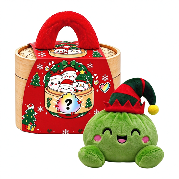 Czuelxn Elf Plush Dumpling Christmas, Green Squishy Bun Stress Ball in Bamboo Steamer Gift Box, Kids Holiday Plush Gift