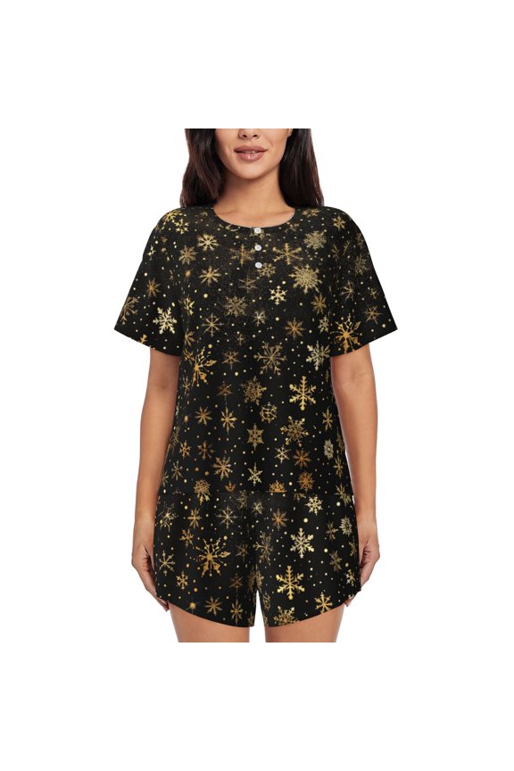 Czw03_Small_Snow_Flake_Pattern_Gold_Dust_Floating_Christmas_Tre_91e48166 6400 4956 9943 Db52f8c265d1 Womens Pajamas Short Set Soft Short Sleeve Sleepwear Button Down Pjs Set with Pockets S XXL Small