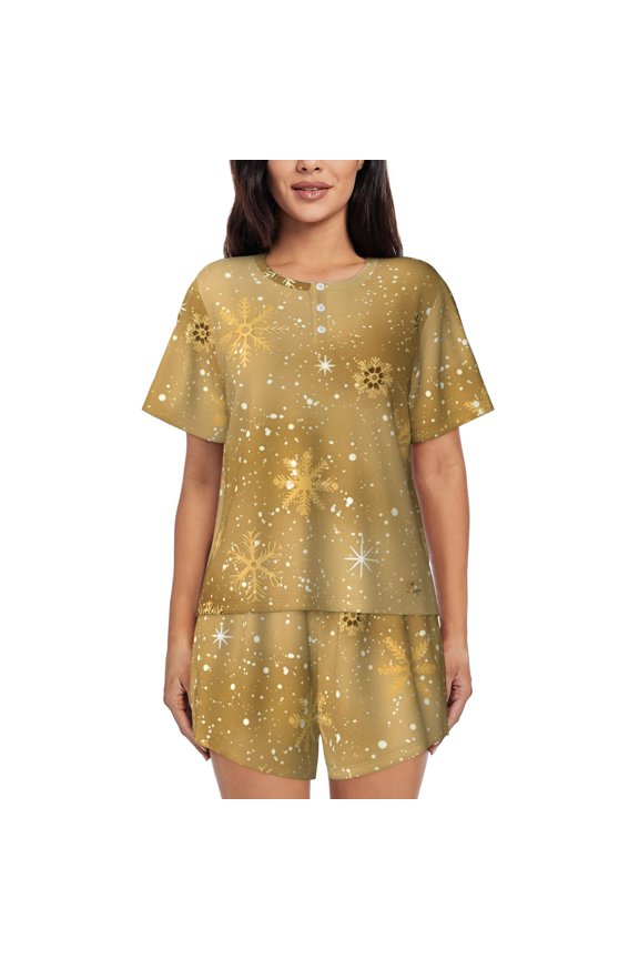 Czw03_Small_Snow_Flake_Pattern_Gold_Dust_Floating_Christmas_Tre_E2817cb5 B287 46a2 9c4f 1489bc1cd1b9 Womens Pajamas Short Set Soft Short Sleeve Sleepwear Button Down Pjs Set with Pockets S XXL Medium