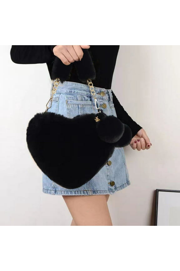 Furry Purse for Girls Heart Shaped Fluffy Faux Fur Handbag for Women Soft Small Shoulder Bag Clutch Purse