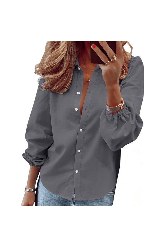 Plus Size Women Blouse Ruffle Button Down Collared Long Sleeve V-Neck Loose Casual Beach Vacation Party Top, Gray S