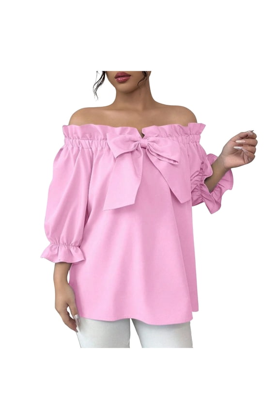 Summer Blouses for Women Off Shoulder Tops Ruffled Bow Puff Sleeve Casual Loose Beach Vacation Party Shirt, Pink L