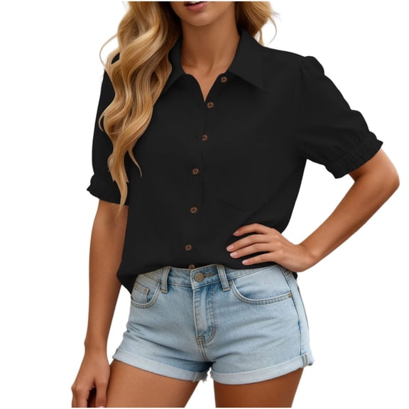 Czzoypi Summer Linen Blouse for Women Bell Sleeves Button Down Shirt Casual Beach Vacation Party Loose Oversized Collared Short Sleeve Tops, Black XXL