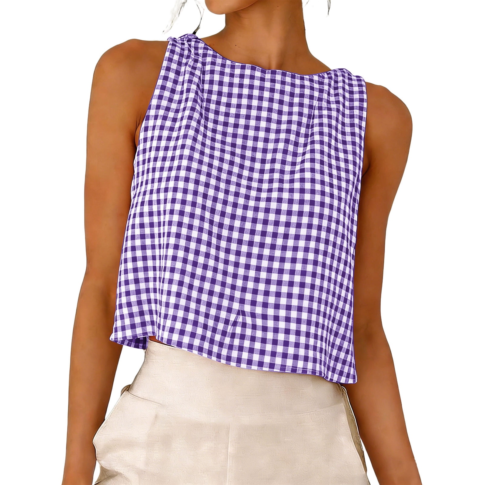 PLAID BUTTON DOWN ROUND NECK SLEEVELESS TOP