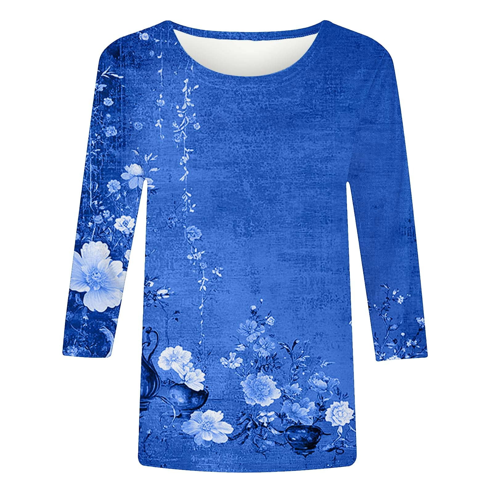 Czzoypi Women Floral Round Neck 3/4 Sleeve Vintage Casual Loose Tunic ...