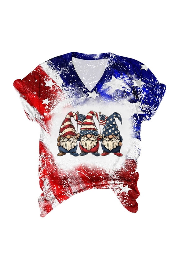 Women Graphic V Neck Short Sleeve Patriotic Gnomes Casual Trendy Holiday Loose Tops T-Shirt Independence Day Gnome Print Tee, Red XXL