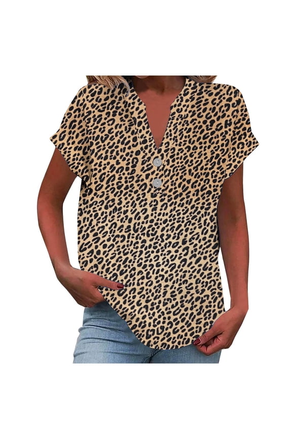 Women Retro Print Blouse Button Down V Neck Short Sleeve Leopard Casual Beach Vacation Party Loose Ladies V-Neck Casual Shirt, Blue XXL