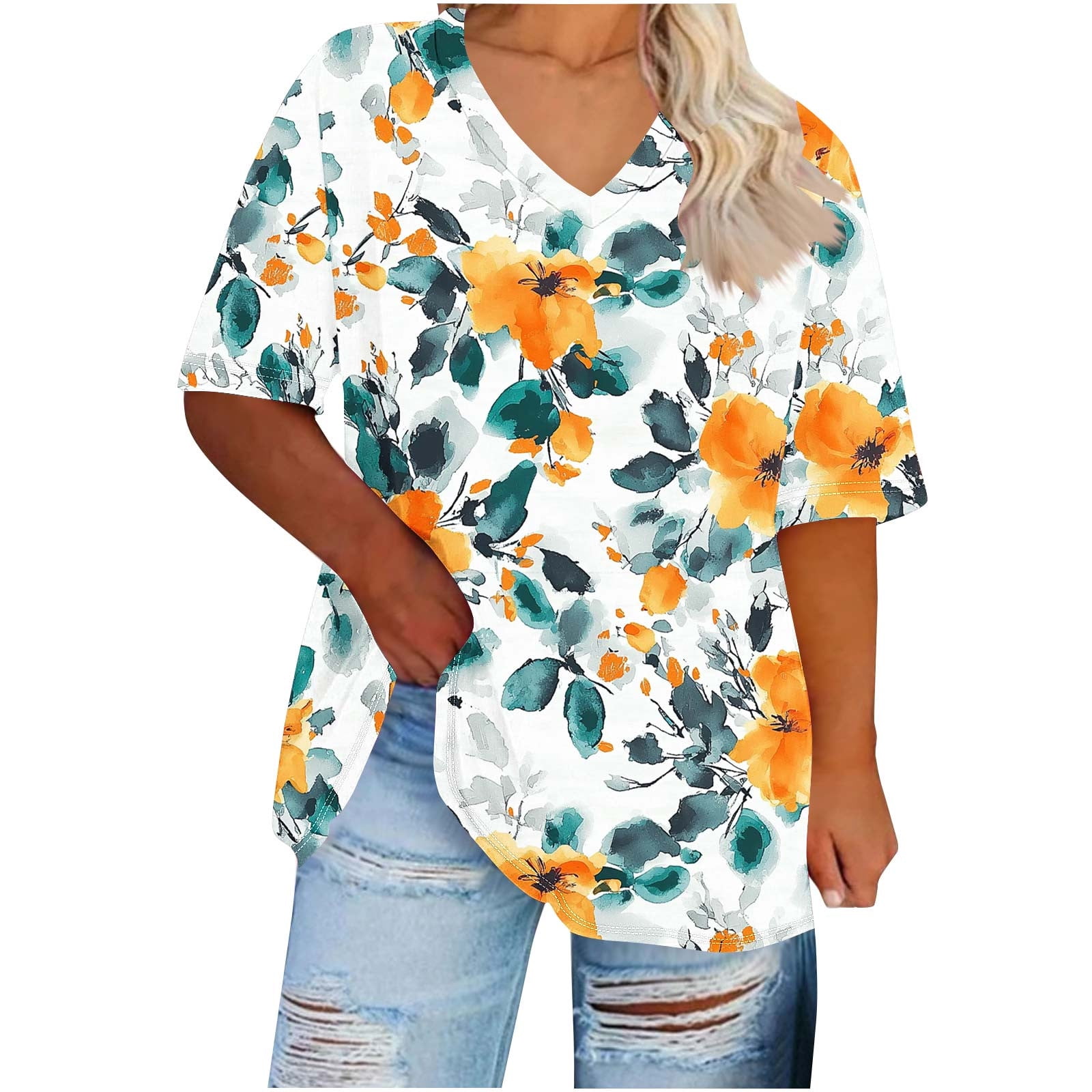 Czzoypi Women's Casual Tops V-Neck Short Sleeve Floral Boho Vacation ...