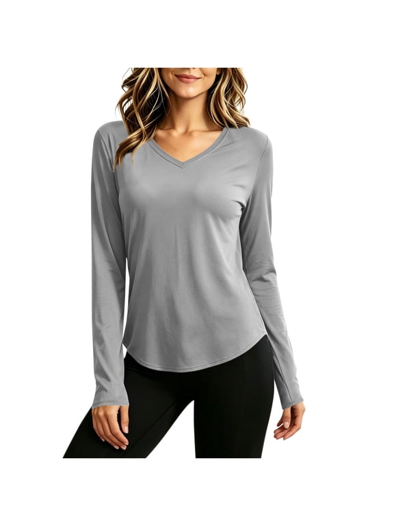 Women's Tops Long Sleeve V Neck Solid Casual Comfy Loose Flowy Curved Hem Lightweight Basic Tshirt Gray S