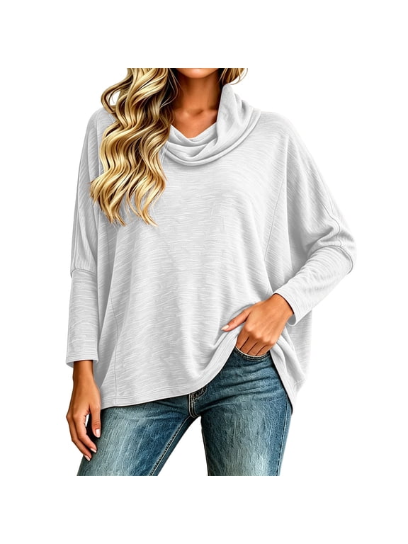 Women's Tops Loose Cowl Neck Solid Casual Flowy Long Sleeve Drop Shoulder Curved Hem Lightweight Soft Comfy Oversized Sweater Shirt White XXL