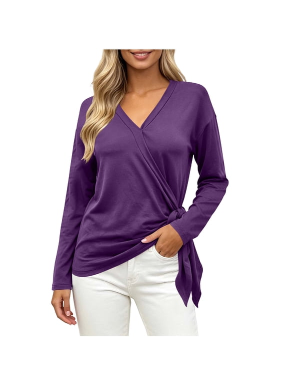 Women's Tops Wrap V Neck Long Sleeve Loose Flowy Tie Front Casual Basic Shirts for Spring Fall Autumn Purple XXL