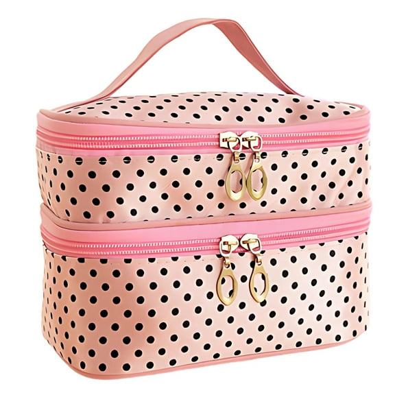 D-219 Portable Travel Cosmetic Bag Double Zipper Makeup Organizer With Round Dot Pattern Water Resistant Fabric For Toiletries Accessories 10 Inch