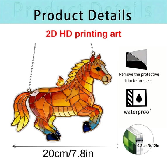 D 2D Acrylic Horse Suncatcher For Indoor Outdoor Decoration Window Decor With Chain, Stained Glass Style Hanging Ornament 20Cm