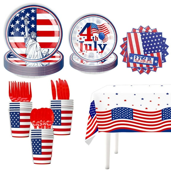 D 4Th Of July Party Supplies Set Disposable Plates Napkins Forks Tablecloth For Independence Day Patriotic Dinnerware Set For Memorial Day Labor Day