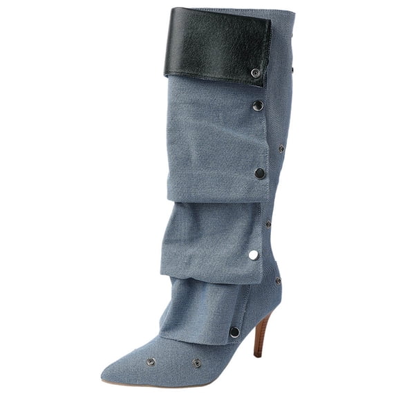 D-517 Blue Ladies Fashionable Pointed Toe Boots High Heel With Button Splicing Long Tube Chunky Heel Suede