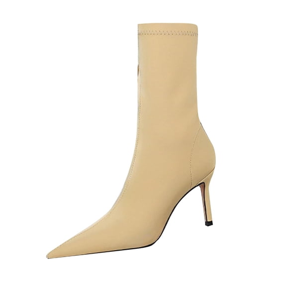 D-588 Beige Womens Winter Slim Heel High Heel Elastic Boots Pointed Short Boots Casual Versatile Ladies Sexy
