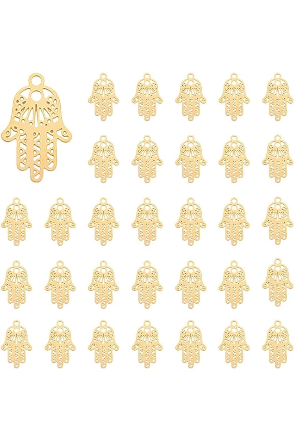 D 60Pcs Filigree Hand Charms Golden Ftima Hand Charms Good Luck Pendants Stainless Steel Jewish Hamsa Pendants Hollow Hamasa Hand Charms for Jewelry Crafts Making Hole: 1mm