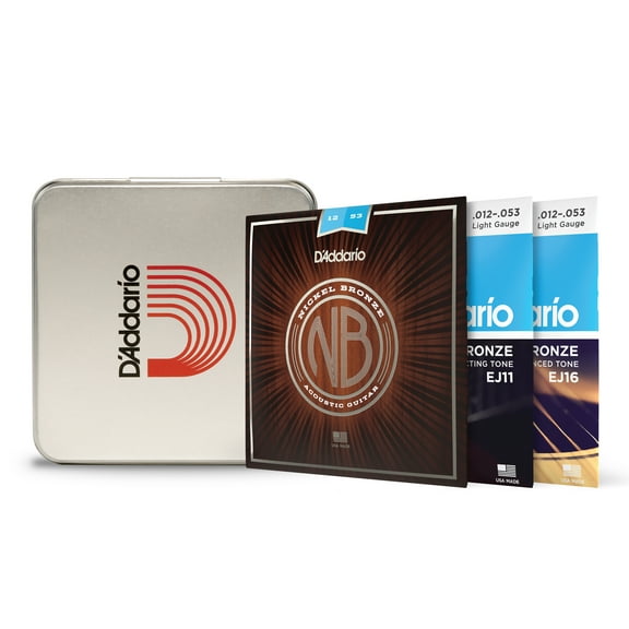 D'Addario Acoustic Guitar String Sample Pack - Phosphor Bronze, 80/20 Bronze & Nickel Bronze with Limited Edition D'Addario Collection Tin