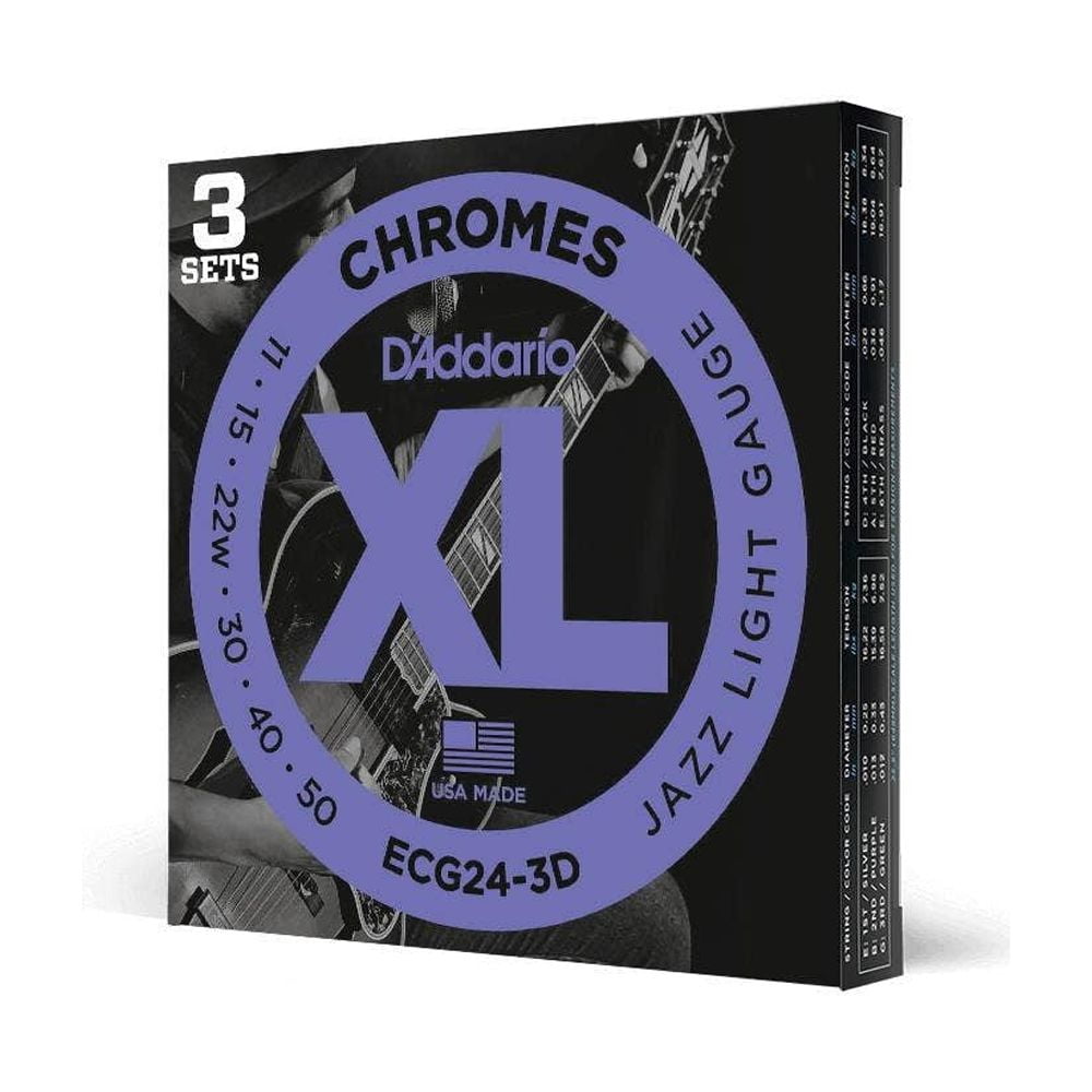 D'Addario ECG24-3D Chromes Flat Wound Electric Guitar Strings, Jazz Light, 11-50, 3 Sets