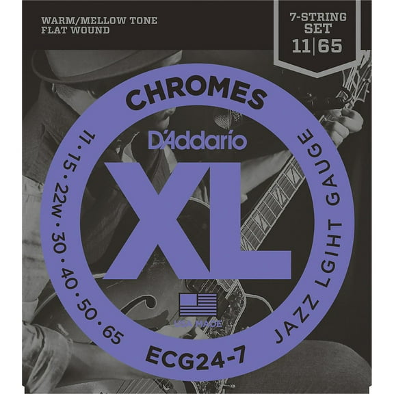 D'Addario ECG24-7 Chromes Flat Wound 7-String Electric Guitar Strings, Jazz Light, 11-65
