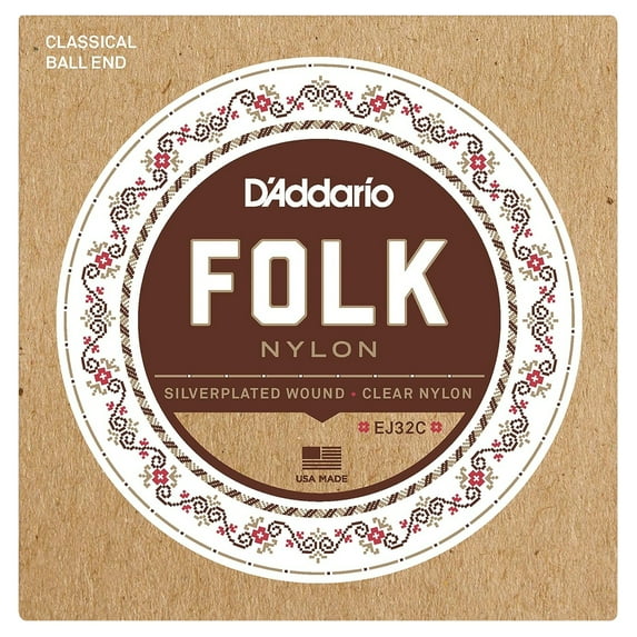 D'Addario EJ32C Folk Nylon Guitar Strings, Ball End, Silver Wound/Clear Nylon Trebles