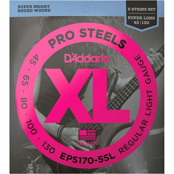 D'Addario EPS170-5SL 5-String ProSteels Bass Guitar Strings, Light, 45-130, Super Long Scale