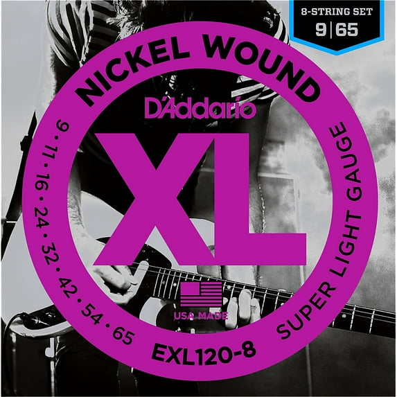 D'Addario EXL120-8 XL Nickel Wound Electric Guitar Strings for 8-String Set, Super Light Gauge, 9-65