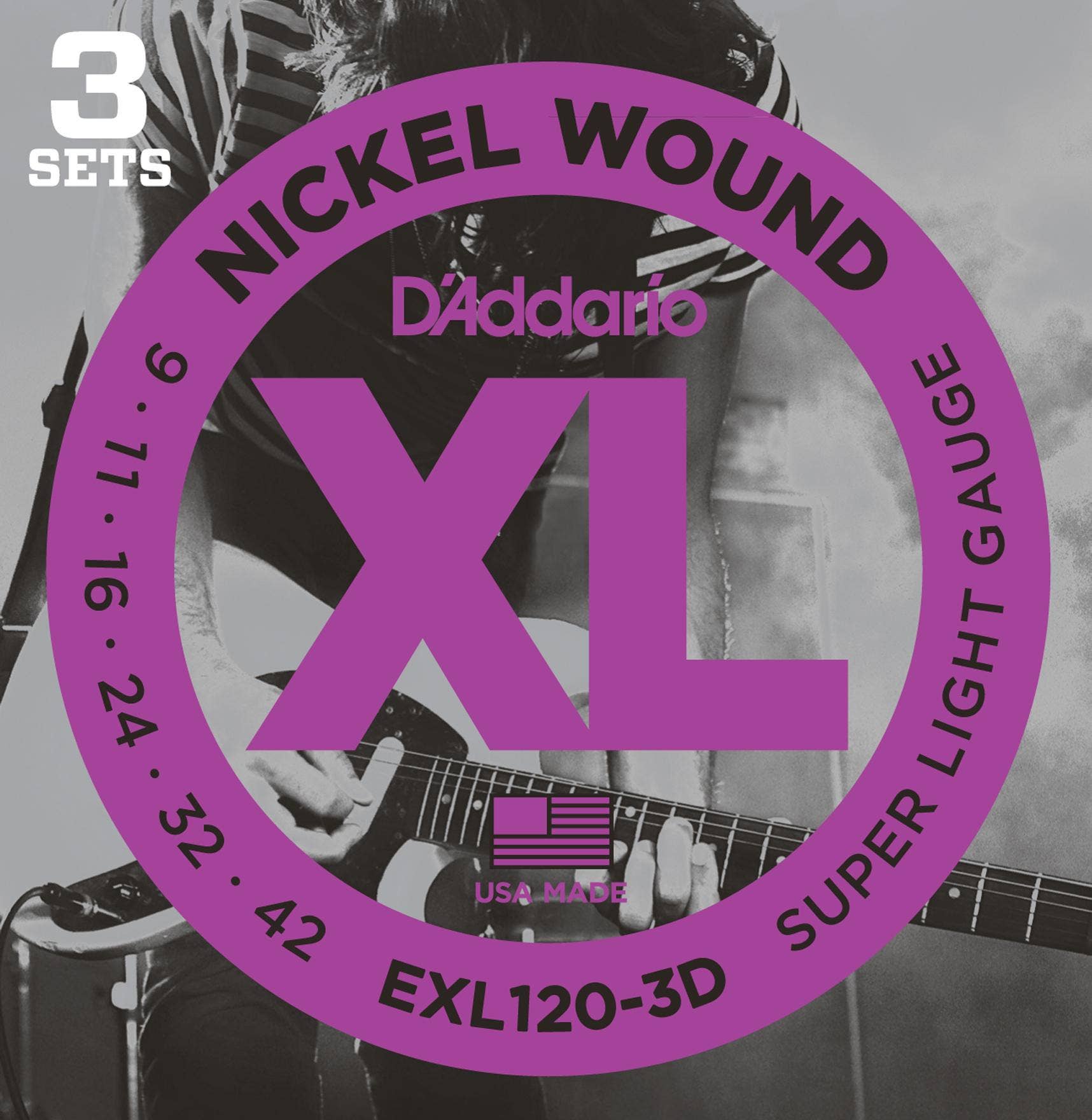 D'Addario EXL1203D XL Nickel Wound Electric Guitar Strings, Super Light Gauge, 9-42, 3 Pack