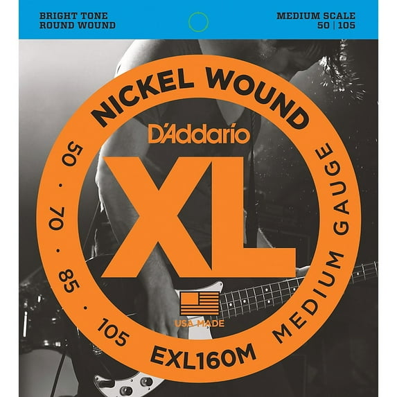 D'Addario Nickel Wound, Medium, Medium Scale, 50-105 Bass Guitar Strings EXL160M