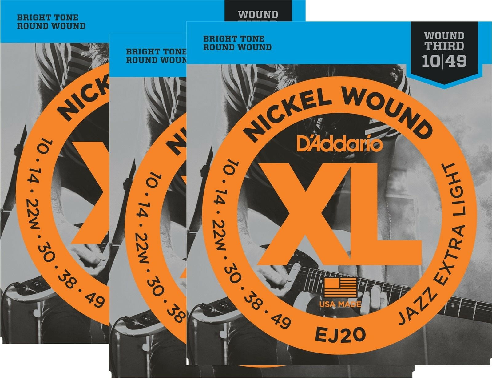 D'Addario Electric Guitar Strings  3 Pack  EJ20  Jazz  Extra Light  10-49
