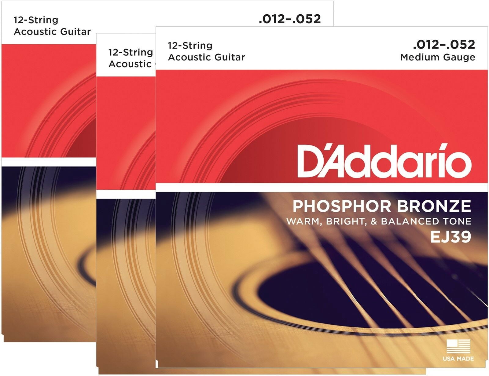 D'Addario Guitar Strings 12 String 12-52 Phosphor Bronze 3-Pack