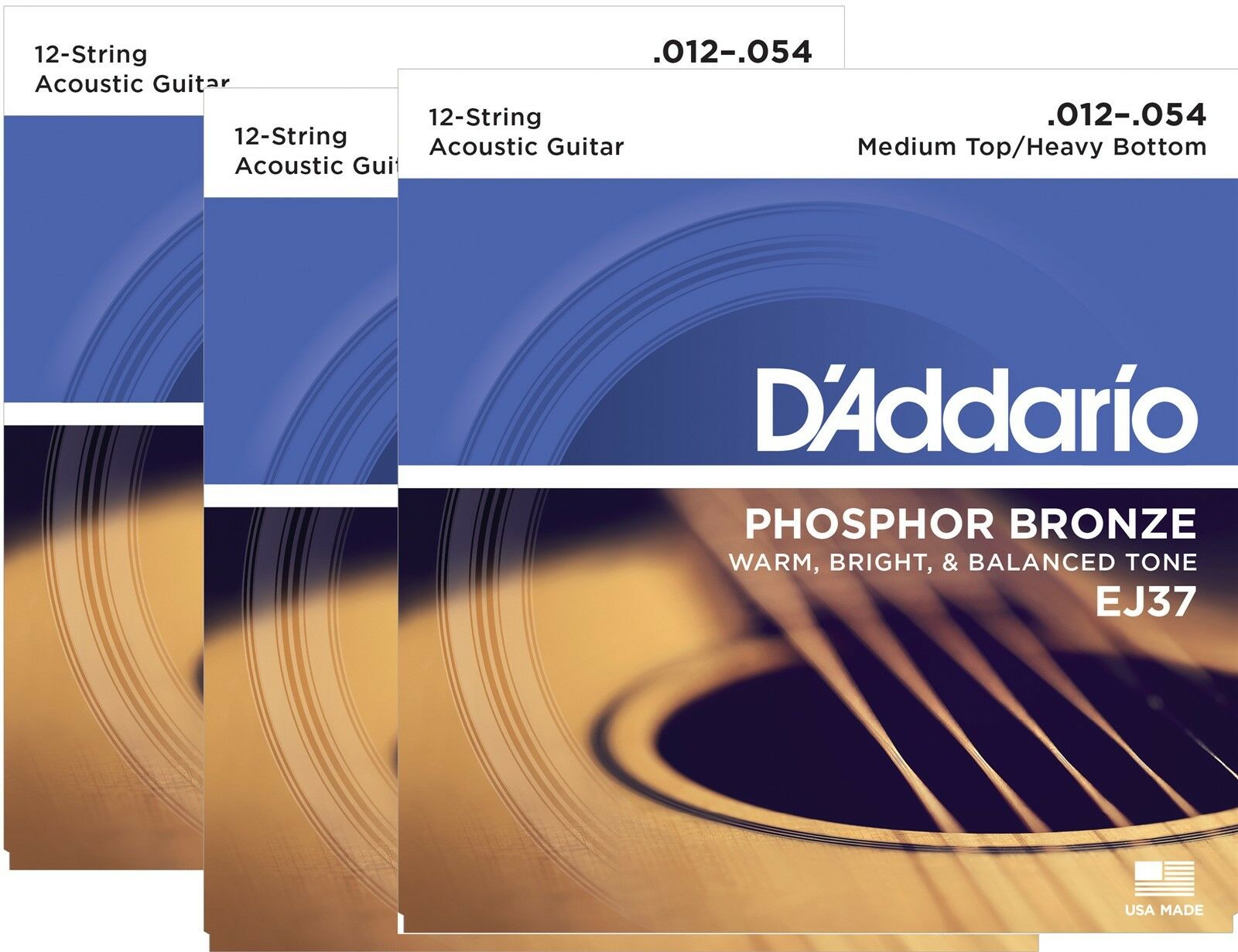 D'Addario Guitar Strings 12 String 12-54 Phosphor Bronze 3-Pack