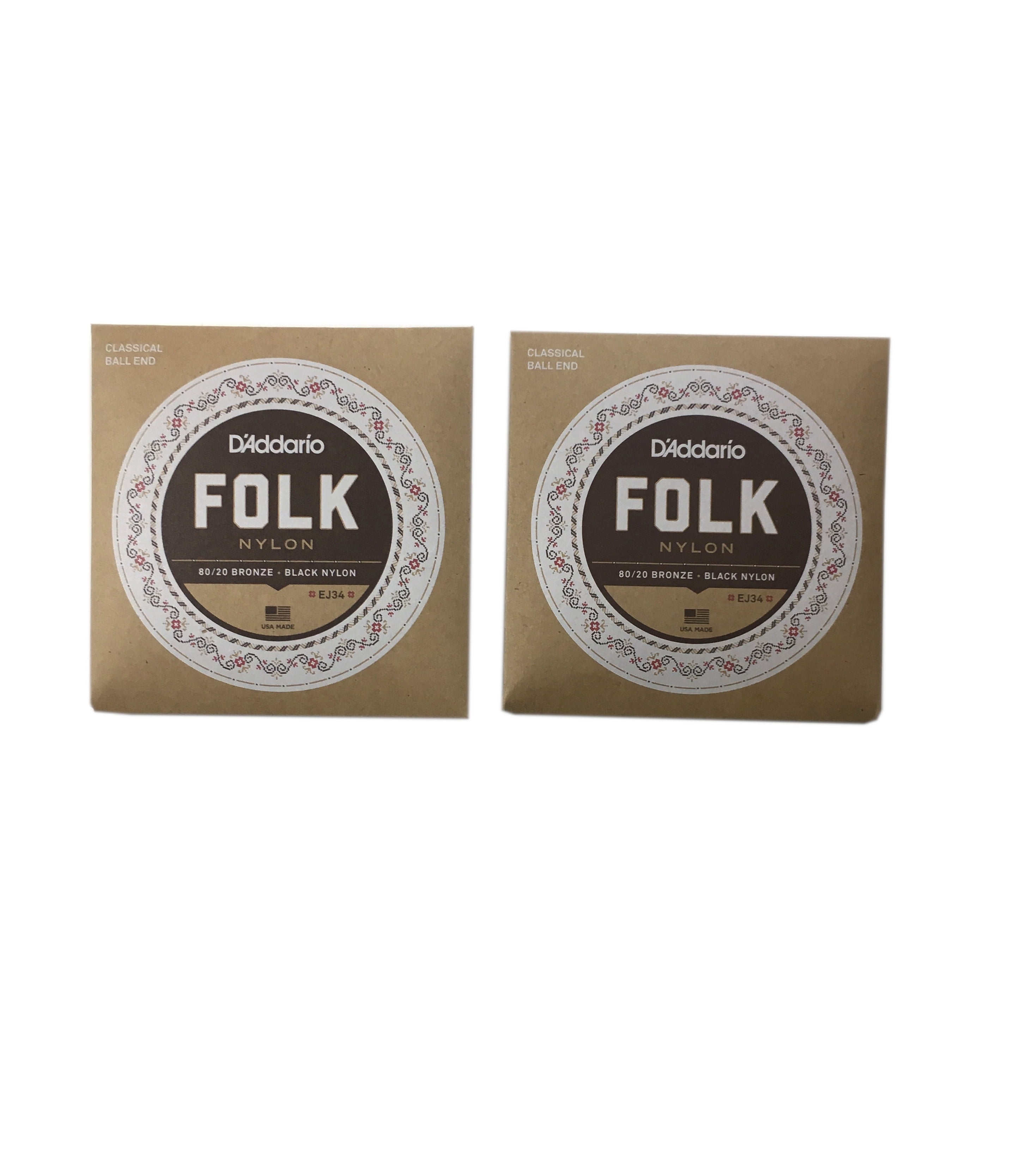 D'Addario Guitar Strings 2-Pack EJ34 Folk Nylon Black Nylon Ball End
