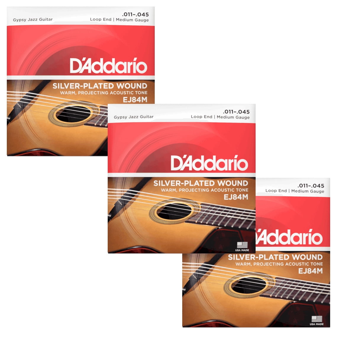 D'Addario Guitar Strings 3-Packs Gypsy Jazz Loopl End Wound Silver Plated  EJ84M 11-45