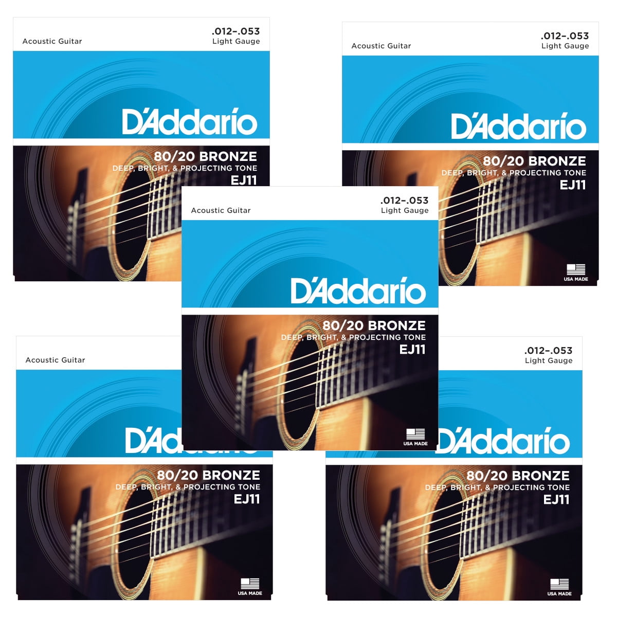 D'Addario Guitar Strings - 5 -Pack - Acoustic - EJ11 Light 12-53 80/20 Bronze
