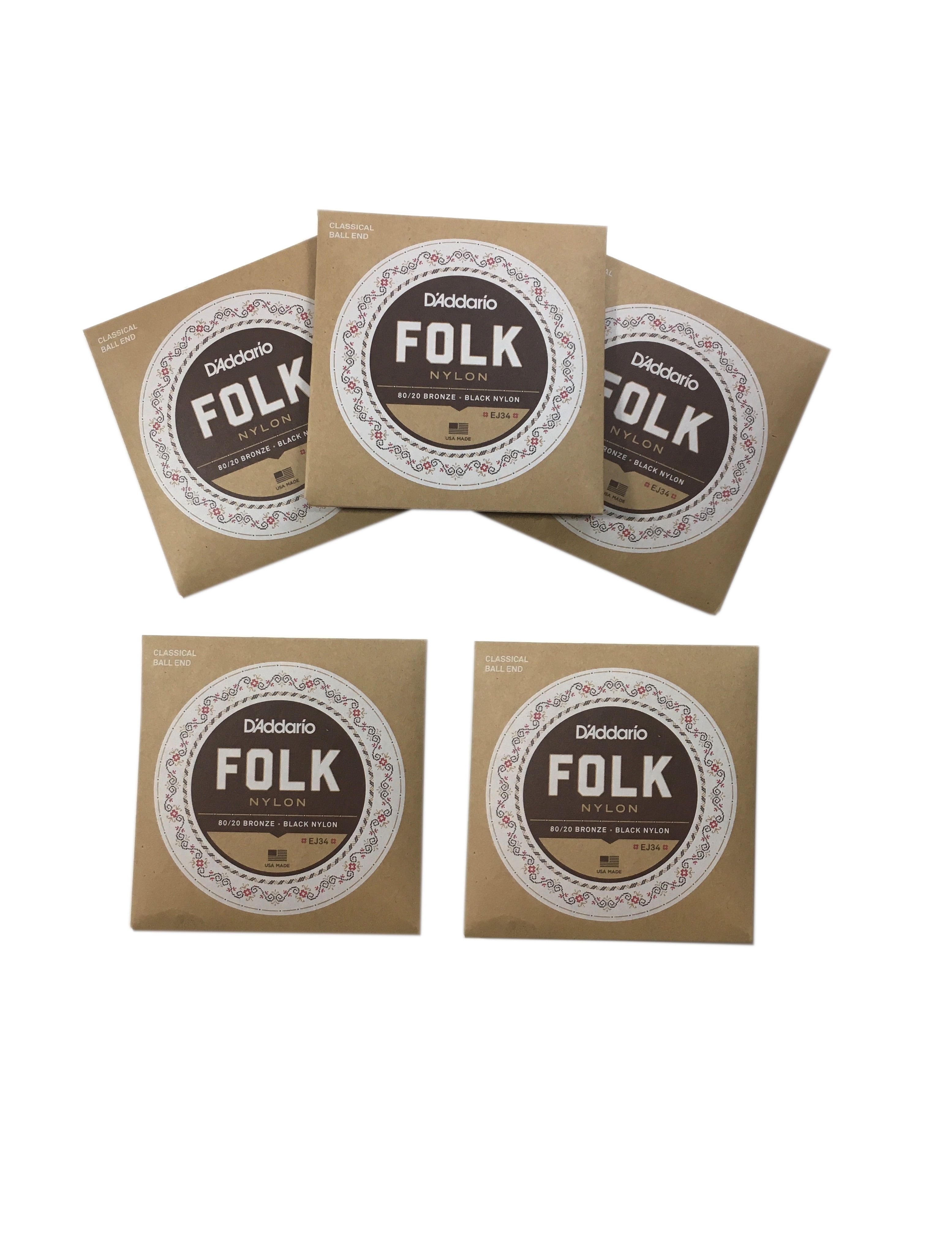 D'Addario Guitar Strings 5-Pack EJ34 Folk Nylon, Ball End, Bronze Wound/Black Nylon Trebles