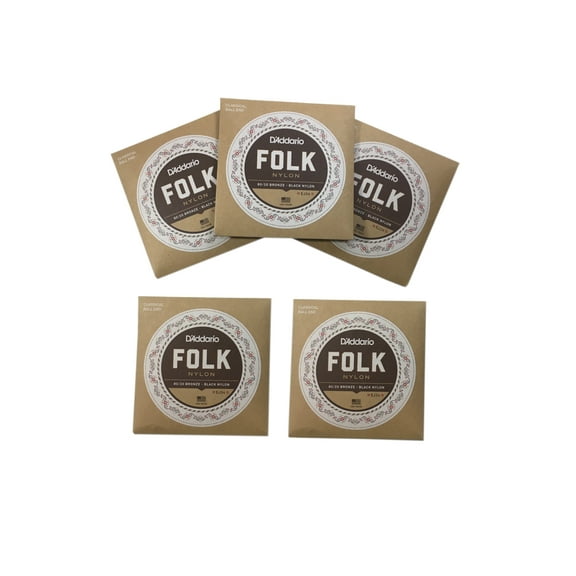 D'Addario Guitar Strings 5-Pack EJ34 Folk Nylon, Ball End, Bronze Wound/Black Nylon Trebles
