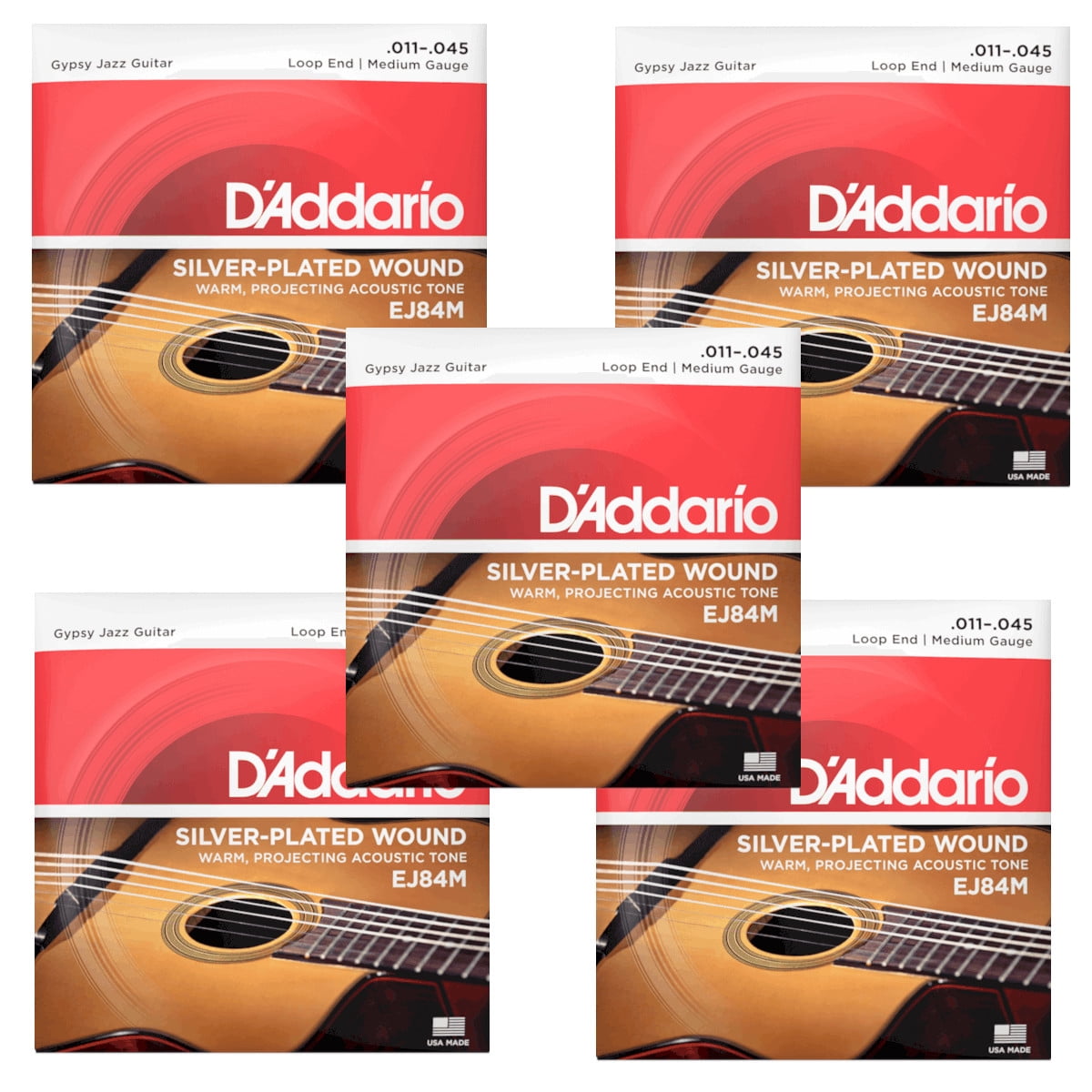 D'Addario Guitar Strings 5-Packs Gypsy Jazz Loopl End Wound Silver Plated  EJ84M 11-45