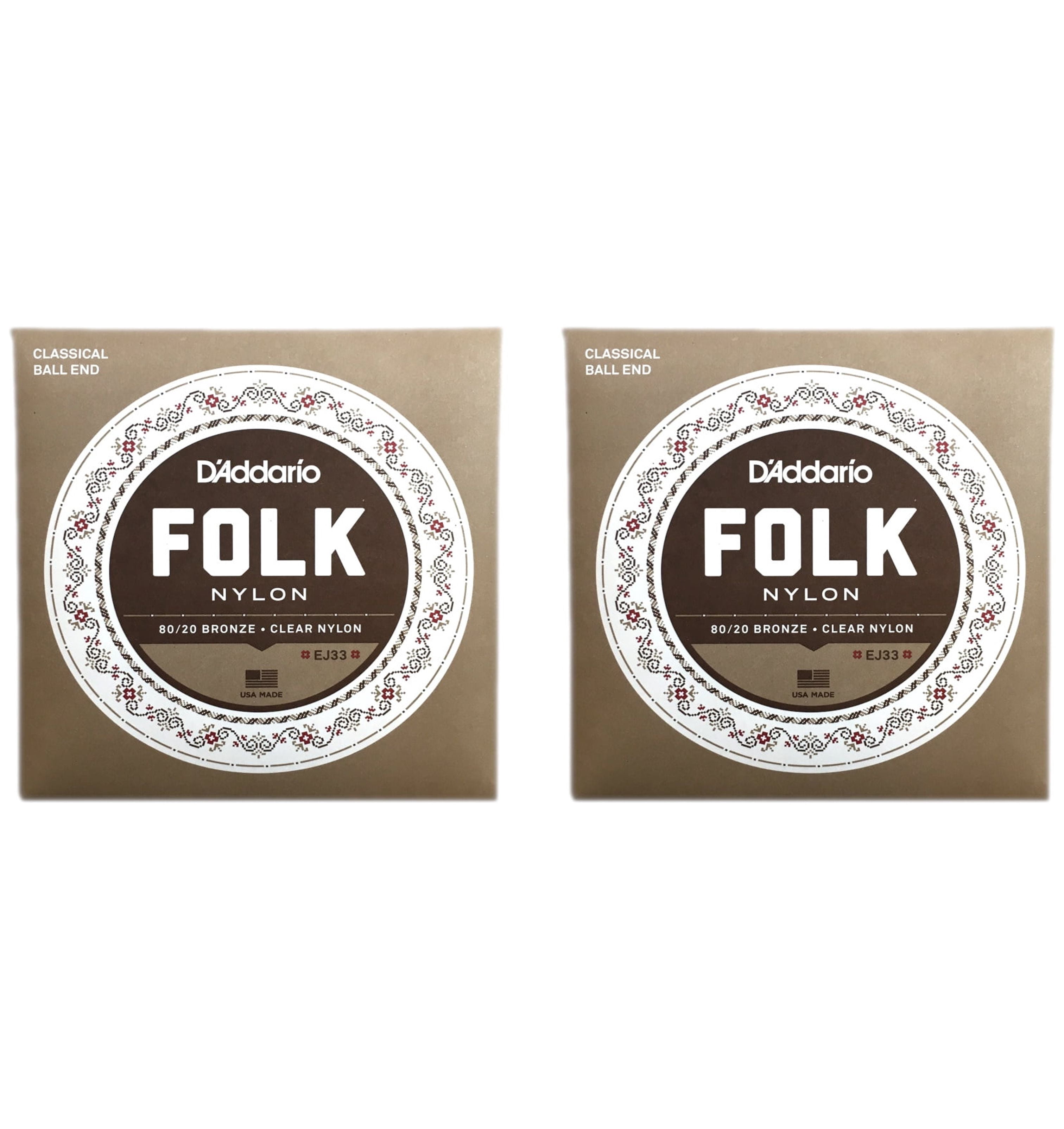 D'Addario Guitar Strings  EJ33  2 Pack  Folk Nylon  Ball End  Bronze Basses