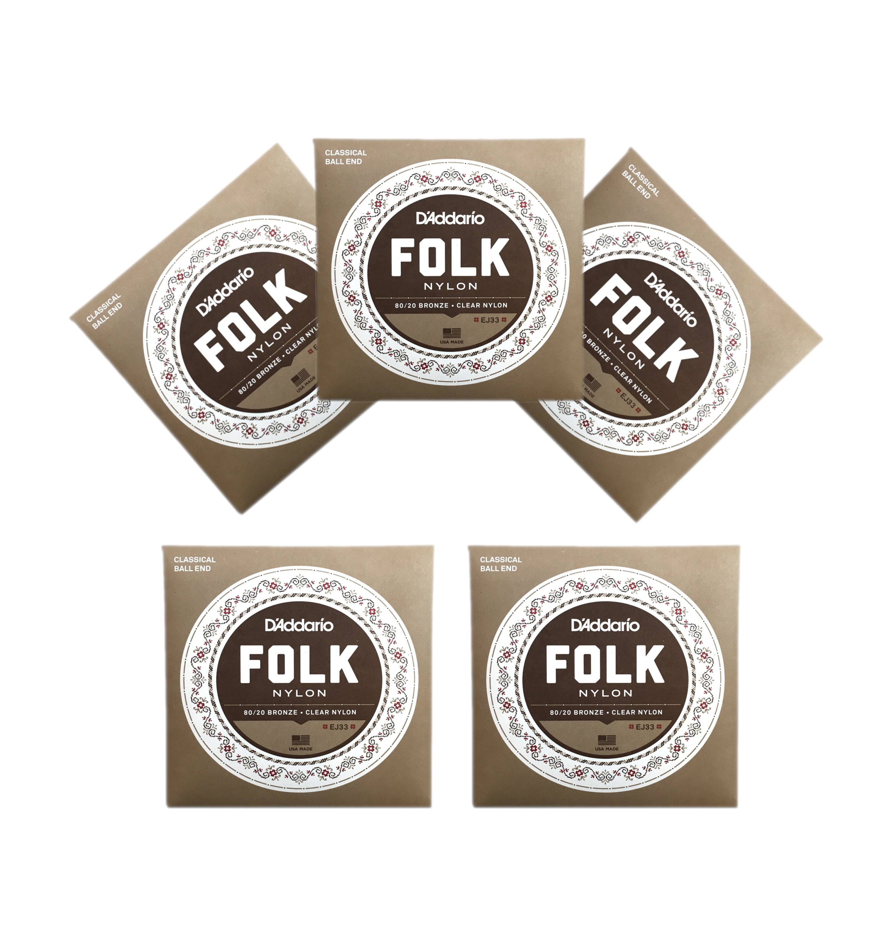 D'Addario Guitar Strings  EJ33  5 Pack  Folk Nylon  Ball End  Bronze Basses